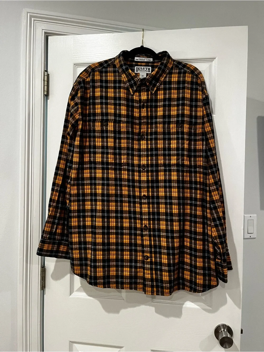 Duluth Trading Co Black and Orange Plaid Button-Down Shirt